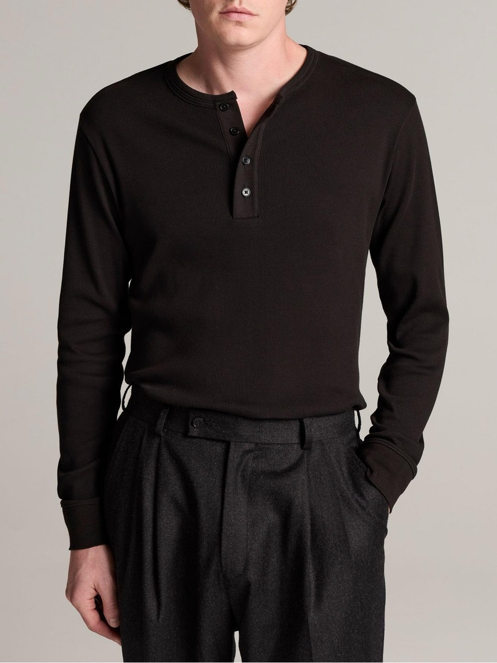 Vince Cotton Henley Men's Long-Sleeve Shirt in Black